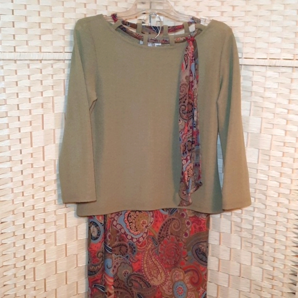 Nicole Studio Top and Skirt Set - Bright Olive Green Top and Paisley Skirt